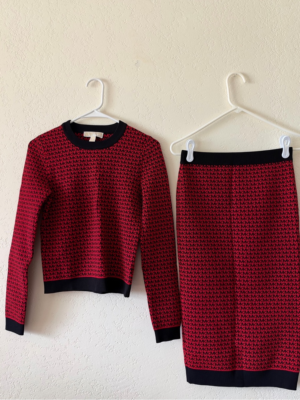 Michael Kors Red and Black Knit Set - Sweater Top & Skirt
